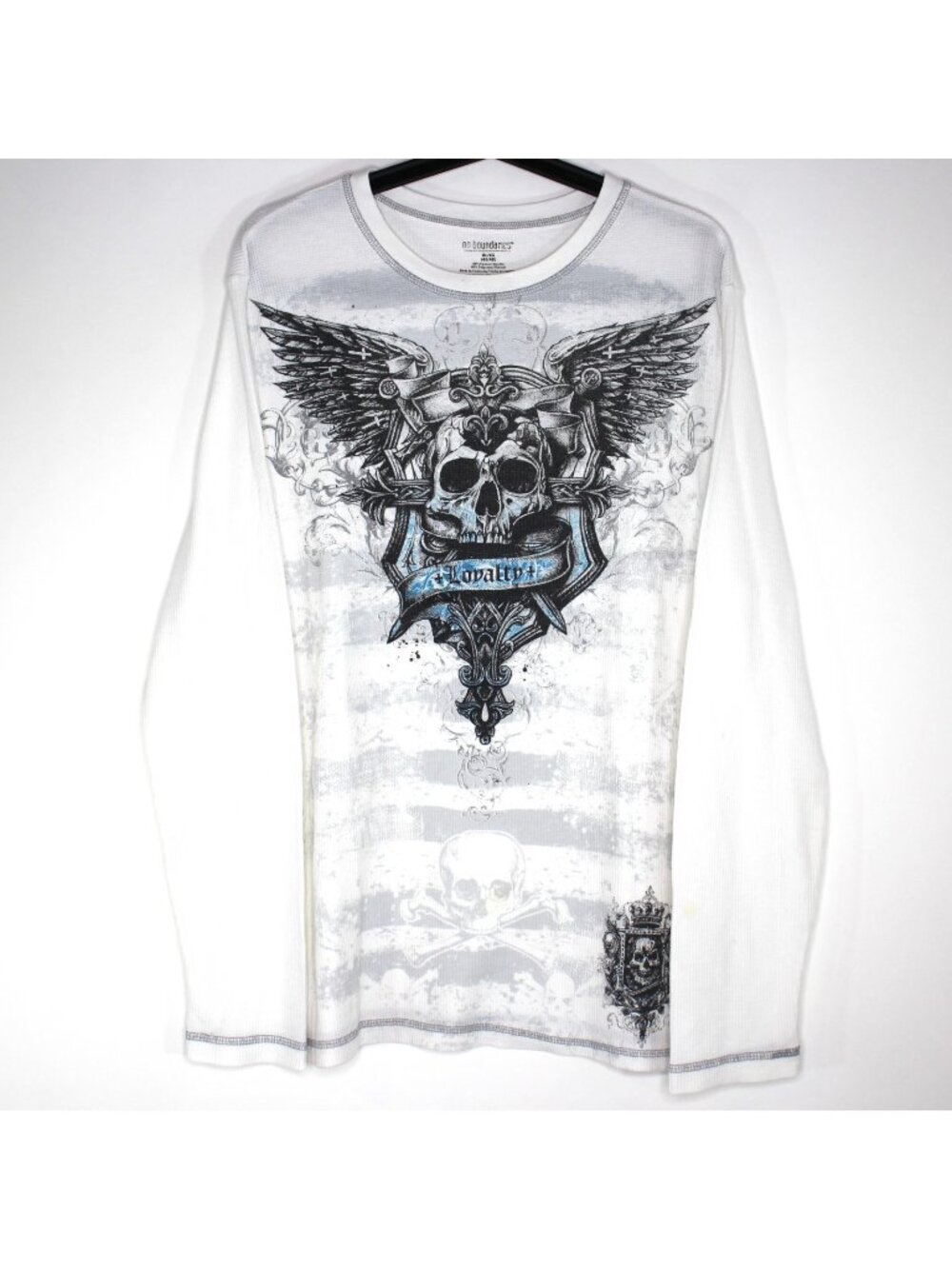 No Boundaries Mens XL Y2K Skull Skate Punk Grunge Waffle Thermal T-Shirt N1460